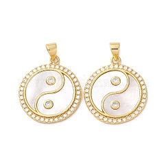 Ottone micro spianare pendenti zirconi,  cadmio& piombo libero, con shell, vero placcato oro 18k, yin-yang, chiaro, 24.5x21.5x2.5mm, Foro: 3.5 mm