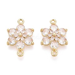 Ciondoli connettore in ottone con pavé di zirconi cubici trasparenti, link di fiori, placcato di lunga durata, oro, 13x19.5x4mm, Foro: 1.2~1.5 mm
