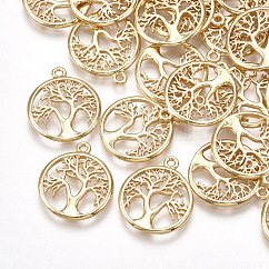 Messing Anhänger & Charms, Cadmiumfrei und Nickel frei und Bleifrei, flach rund mit Baum des Lebens, echtes 18k vergoldet, 18x15x1.5 mm, Bohrung: 1.2 mm