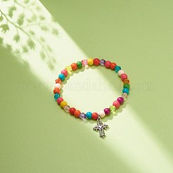 Bracelet extensible en perles synthétiques turquoise (teint) et acrylique avec breloque en alliage pour femmes&nbsp;BJEW-JB08627-06