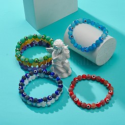 7 pièces 7 couleurs agate patinée naturelle (teinte) & lampwork mauvais œil rond perlé ensemble de bracelets extensibles&nbsp;BJEW-JB08958