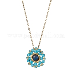 Collar con colgante redondo plano de cuentas de vidrio y ojo de tigre azul teñido natural&nbsp;NJEW-MZ00129-06