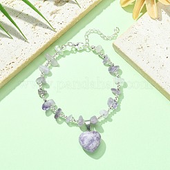 Braccialetto con ciondolo a forma di cuore in pietra naturale lepidolite/mica viola con catene di perline&nbsp;BJEW-TA00295-02
