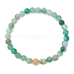 Bracelets extensibles en agate verte naturelle (teinte et chauffée) et perles rondes en laiton pour femmes&nbsp;BJEW-JB12265-02