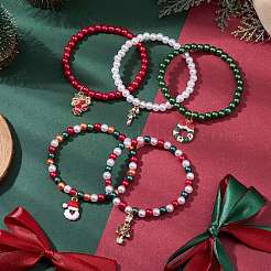 5 pcs 5 styles thème de Noël acrylique imitation perle et alliage émail extensible bracelets à breloques ensembles pour femmes&nbsp;BJEW-JB11199