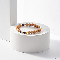 Bracciale elasticizzato con perline in legno naturale e pietre preziose&nbsp;BJEW-JB07820