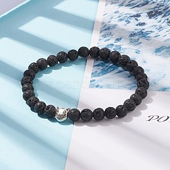 Bracciale elasticizzato in roccia lavica naturale con perline di gatto in lega&nbsp;BJEW-JB08309-01