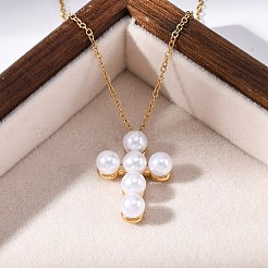 Collane con ciondolo a croce in acciaio inossidabile 304 e plastica con perle finte per le donne&nbsp;NJEW-U032-15G