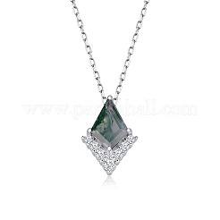 Rhombus 925 Sterlingsilber-Halsketten mit Mikropflaster und klarem Zirkonia und natürlichem Moosachat-Anhänger&nbsp;FS-WG1E963-01