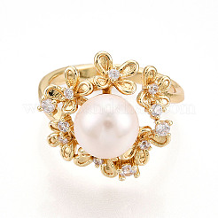 Anello polsino fiore in ottone micro pavé di zirconi cubici trasparenti&nbsp;RJEW-N049-02G
