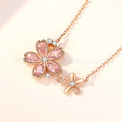 925 Sterling Silber Pavé-Halskette mit doppeltem Sakura-Blütenanhänger aus rosa Zirkonia an einer Kabelkette für Damen&nbsp;FS-WGCE9CB-01