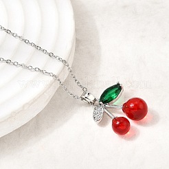 Ciondolo in ottone con micro pavé di zirconi cubici trasparenti e resina color ciliegia rossa&nbsp;NJEW-H092-02P