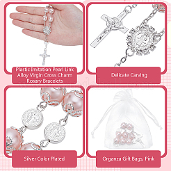 Bracelet chapelet en alliage avec pendentif croix vierge et imitation perle en plastique (30 pièce).&nbsp;BJEW-WA0001-06