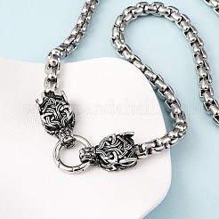 304 Edelstahl Doppel Wolfskopf Anhänger Box Kette Halsketten&nbsp;NJEW-C099-01