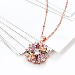 Echte rosévergoldete Messing Zirkonia Blume Anhänger Halsketten&nbsp;NJEW-BB04540