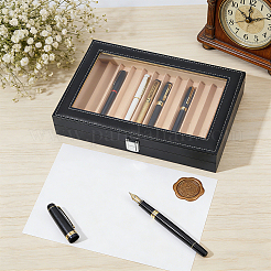 Boîtes de rangement pour stylos en cuir PU noir avec couvercle transparent.&nbsp;CON-WH0107-129A