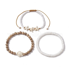 3 stücke 3 arten schildkröte runde holz & disc muschel perlen stretch armband sets&nbsp;BJEW-JB10311