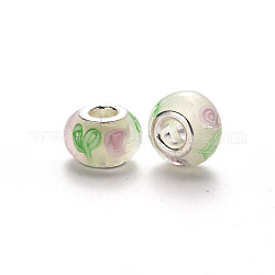 Handmade Lampwork European Beads, Large Hole Rondelle Beads, with Platinum Tone Brass Double Cores, Floral White, 14~16x9~10mm, Hole: 5mm