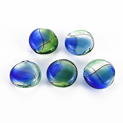 Transparent Handmade Blown Glass Globe Beads, Stripe Pattern, Flat Round, Blue, 16~17.5x8~9.5mm, Hole: 1~2mm