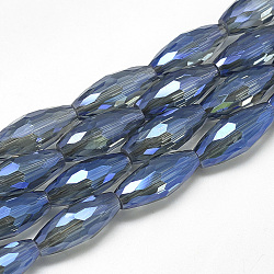 Abalorios de vidrio electroplate hebras, arco iris chapado, facetados, oliva, acero azul, 18x8mm, agujero: 1.5 mm, alrededor de 39~40 piezas / 29.3 pulgadas