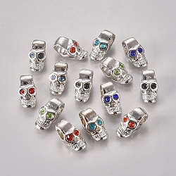 Legierung europäischen stil Perlen, für Halloween, mit Strass, Platin Farbe, Schädel, Mischfarbe, 16x9.4x8.2 mm, Bohrung: 4 mm