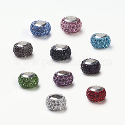 Polymer Clay Grade A Rhinestone European Beads, with Brass Cores, Silver Color Plated, Large Hole Beads, Rondelle, Mixed Color, 12~13x8~9mm, Hole: 5mm