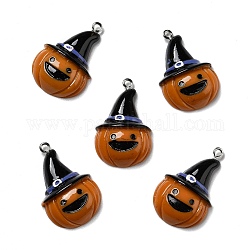 Pendentifs en résine opaque d'halloween, avec boucles en fer couleur platine, citrouille avec chapeau de sorcière, orange foncé, 32x21x7.5mm, Trou: 2mm