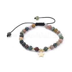 Bracciali di perline intrecciati con fili di nylon regolabili, con perle di agata indiana naturale, ciondoli e perle di ottone, stella, 2-1/8 pollice ~ 3-3/8 pollici (5.5~8.5 cm)
