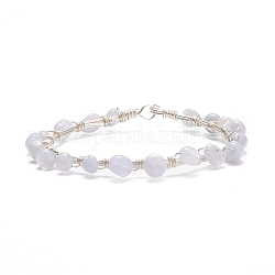 Bracelet de perles tressées en agate de dentelle bleue naturelle, bijoux en pierres précieuses en fil de cuivre pour femmes, couleur d'argent, 8-1/8 pouce (20.6 cm)