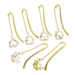 Chinese Style Rabbit & Cat & Moon Alloy Enamel Pendant Bookmarks, Hook Bookmark with Long Chain, Mixed Color, 83.5~96.5mm, 6 styles, 1pc/style, 6pcs/set