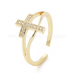 Anillos de latón micro pave circonio cúbico, anillo de puño abierto, anillo de cruz de religión para mujer, dorado, 1.5mm, diámetro interior: 18 mm