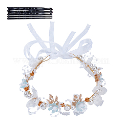 Hochzeitsgesellschaft am Strand Braut dekorativen Haarschmuck, Blumenstirnbänder aus Legierung, mit Kunststoff-Perlen, Himmelblau, 380~383x33x14 mm
