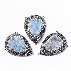 Dyed Natural Druzy Quartz Chandelier Components Links, with Gunmetal Iron Loop, Polymer Clay Rhinestones & PU Leather, Teardrop, Light Sky Blue, 49~50x34~35x10~15mm, Hole: 2mm