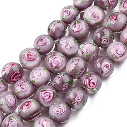Chapelets de perles vernissées manuelles, ronde avec des fleurs, brun rosé, 9.5mm, Trou: 1.5mm, Environ 50 pcs/chapelet, 18.90 pouce (48 cm)