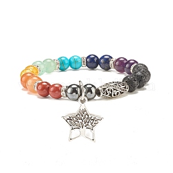 Bracelet extensible en perles rondes avec pierres précieuses mélangées naturelles et synthétiques avec étoile en alliage avec arbre, bijoux de yoga pour femmes, diamètre intérieur: 2-1/8 pouce (5.5 cm)