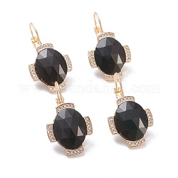 Natural Obsidian Leverback Earrings, with Golden Plated Brass Findings and Clear Cubic Zirconia, Faceted, Oval, 33mm, Pin: 0.9mm, Pendant: 20x17.5x5.5mm