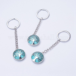 Synthetic Turquoise Keychain, with Iron Key Rings, Iron Chain and Brass Finding, Flat Round with Tree of Life, Dyed, 100~120mm, Pendant: 31x27x7mm
