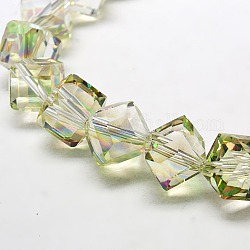 Perles de cube en verre cristal plaqué arc-en-ciel, facette, vert pale, 12.6x13.8x10~11mm, Trou: 1.8mm