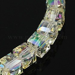 Abalorios de vidrio electrochapado, arco iris chapado, facetados, cubo, vara de oro pálido, 10~11x10~11x10~11mm, agujero: 1 mm