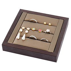 Bandejas de exhibición de anillo de dedo de madera cubierta de cuero de pu cepillado de 3 ranura, vitrina organizadora de joyas, cuadrado, coco marrón, 14x14x2.4 cm