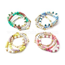 Handmade Polymer Clay Beads Stretch Bracelets Sets, with Brass Beads and Acrylic Enamel Beads, HAPPY, Mixed Color, Inner Diameter: 2-1/8 inch(5.5cm), 3pcs/set