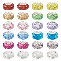Perline europee in resina rondelle 66 pz 11 colori, perline con foro grande, con polvere glitterata e doppio core in ottone color platino, colore misto, 13.5x8mm, Foro: 5 mm, 6 pz / colore