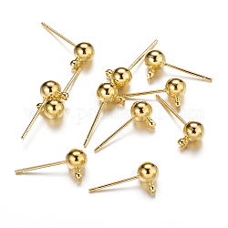 Brass Ball Post Ear Studs, with Loop & 304 Stainless Steel Pins, Golden, 15.2~15.7x5mm, Hole: 1mm, Pin: 0.7mm