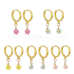 Glass Flower Dangle Hoop Earrings, Real 18K Gold Plated Brass Wire Wrap Jewelry for Women, Mixed Color, 26.5mm, Pin: 1mm