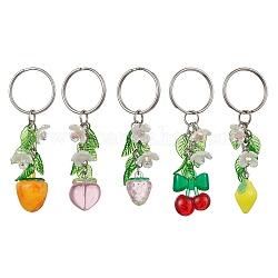 Porte-clés pendentif en acrylique fruits et feuilles, avec porte-clés en fer, formes mixtes, couleur mixte, 7.25~7.8 cm, 5 pièces / kit