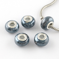 Rondelle pearlized handgemachte Porzellan europäischen Perlen, mit versilberten Messingkernen, Großloch perlen, dunkelblau, 14~16x9~10 mm, Bohrung: 5 mm