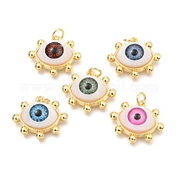 Brass Acrylic Pendants, Real 18K Gold Plated, Evil Eye, Mixed Color, 17x20x7mm, Hole: 3.4mm