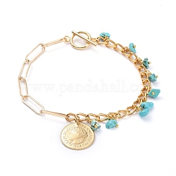 Iron Paperclip Chain Anklets, with Aluminum Curb Chains, Synthetic Turquoise Chips, 304 Stainless Steel Toggle Clasps, Coin Pendants, Golden, 24.4cm