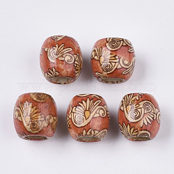 Perles de gros trous en bois naturel imprimé, baril, sans plomb, tomate, 16x14.5~16.5mm, Trou: 7.5mm