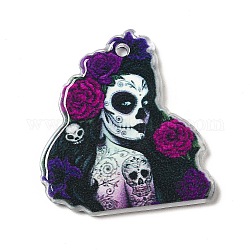 Halloween-Acryl-Anhänger, Skullgirls mit Blumenanhängern, lila, 30.5x28x2.5 mm, Bohrung: 1.8 mm
